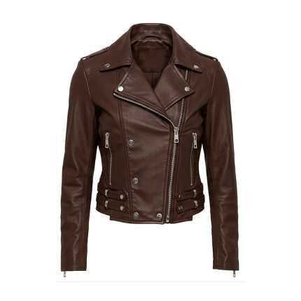 Ladies Motorbike Style Dark Brown Leather Jacket